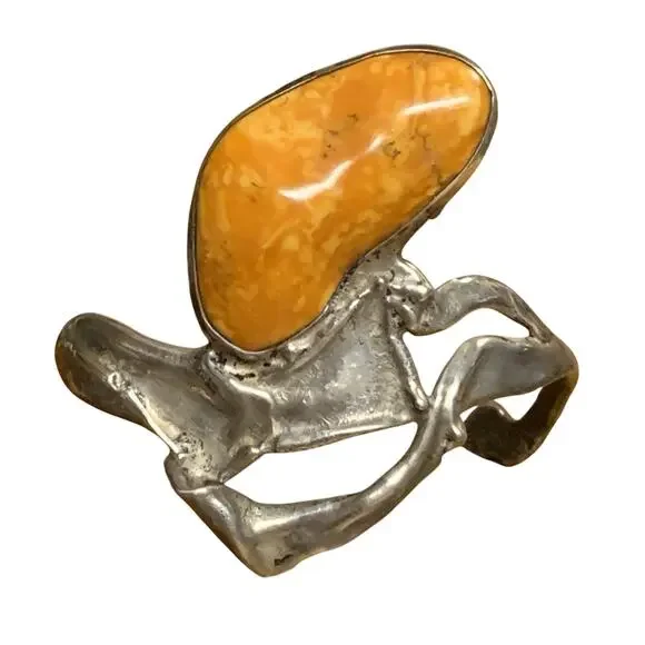 Artisan Made Eclectic Sterling Silver and Amber??? Statement Cuff Bracelet - Picture 4 of 11